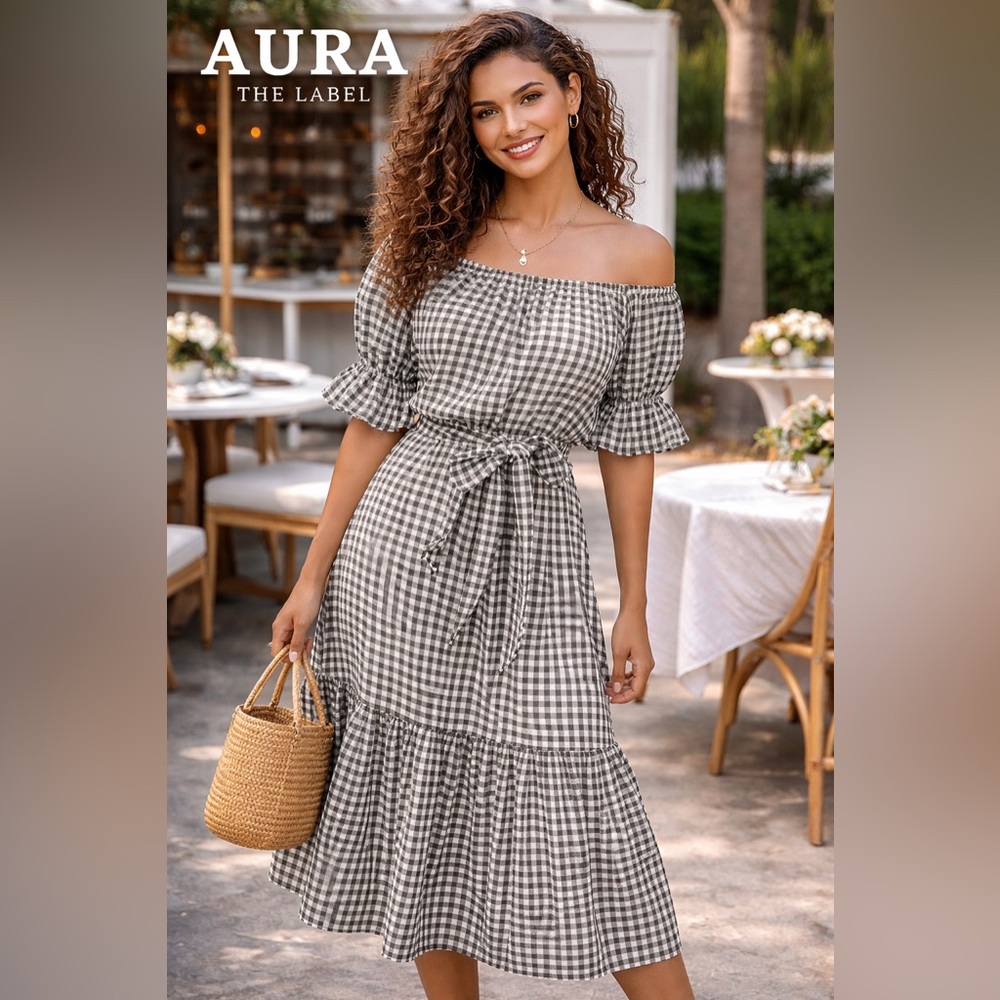 Aura the Label,Gingham Puff-Sleeve,Dress Ruffle Ruched Cottagecore,Size Mefium